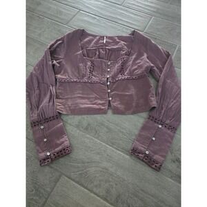 Free People Joi Eyelet Mauve Purple Cotton Lace‎ Button Front Crop Blouse Large